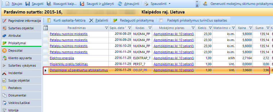 sugeneruoti delspinigiai sutartyje